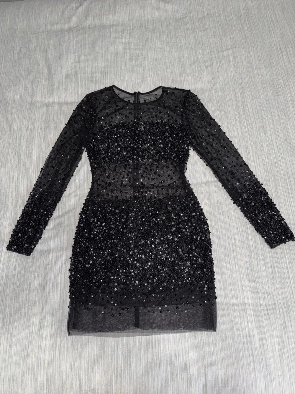 Black Beaded Sheer Mesh Long-Sleeve Mesh Mini Cocktail Dress - Picture 1 of 17